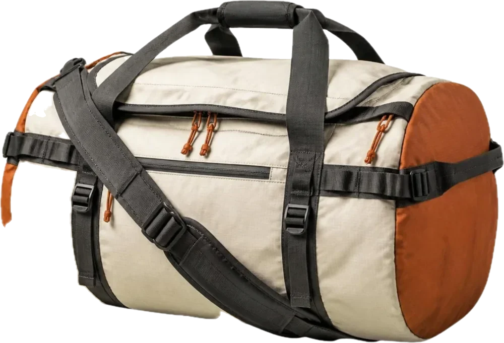 Cream and burnt-orange sports duffel bag