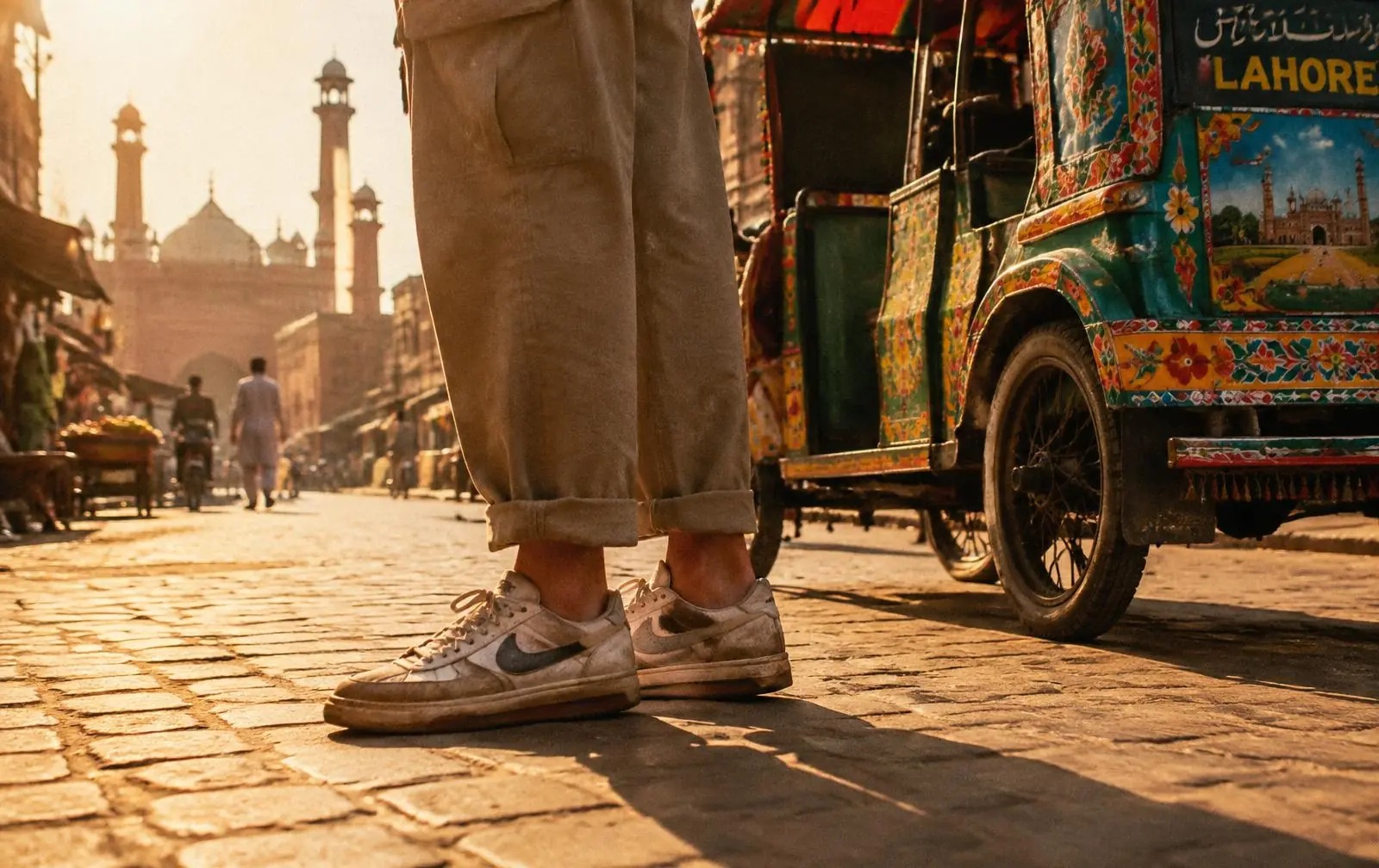 Worn sneakers on a Lahore street beside a rickshaw